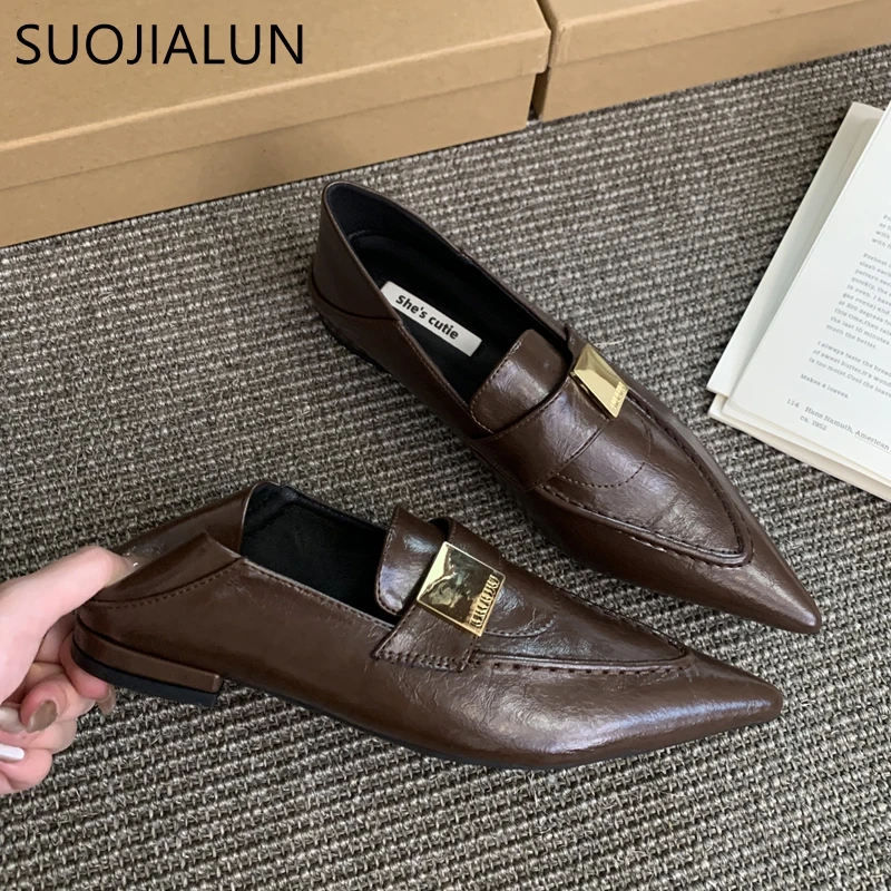 SUOJIALUN 2024 Autumn Women Flat Shoes Fashion Pointed Toe Buckle Ladies Elegant Laofer Shoes Square Low Heel Casual Single Shoe