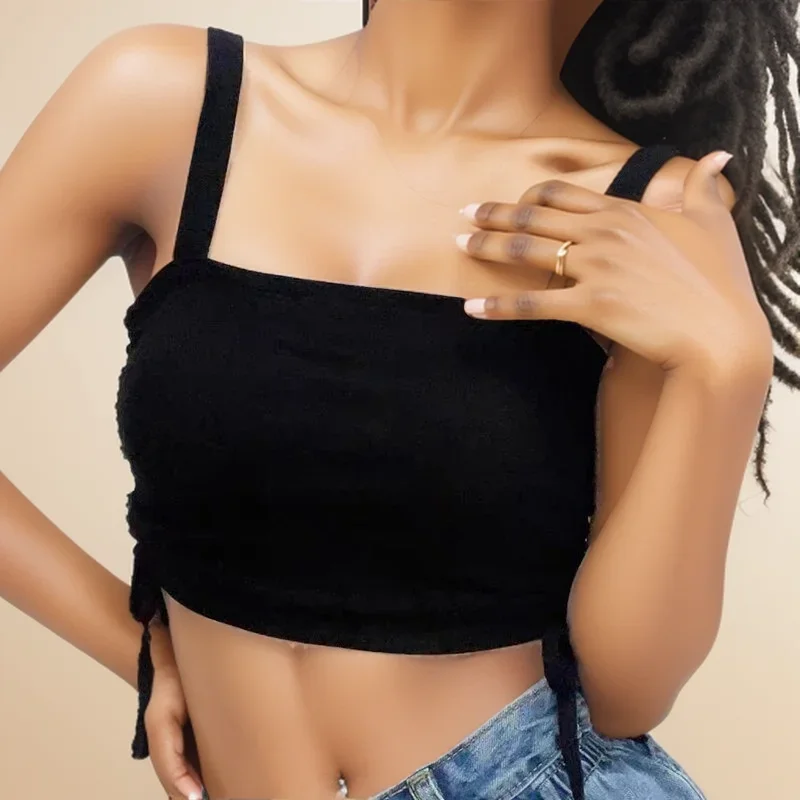 Top corto da donna ITOOLIN in cotone con imbottitura reggiseno, top corto Y2K con coulisse, top sportivo senza schienale tinta unita per donna Estate 2025