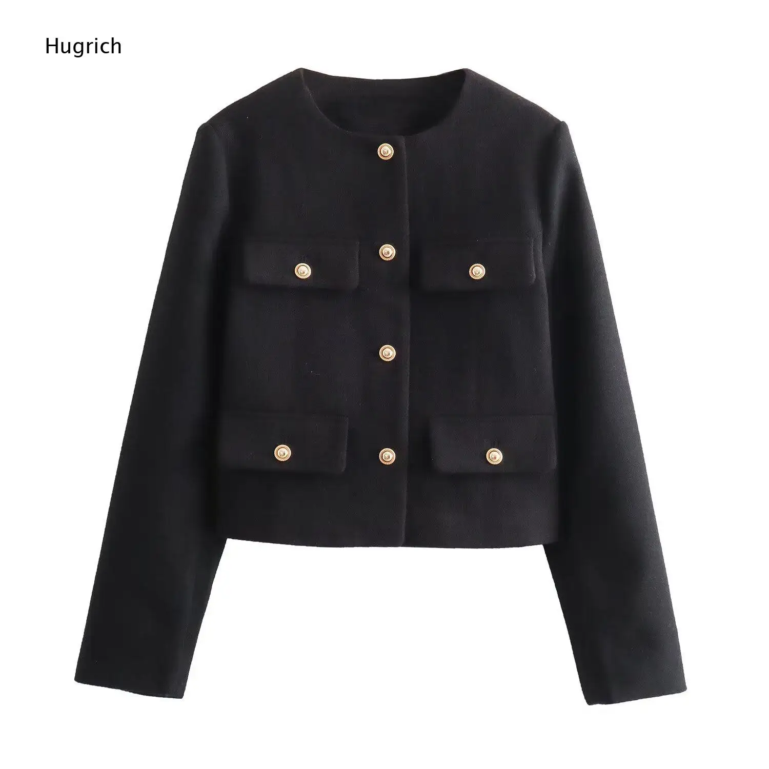 Round Neck Gold Button Tweed Short Blazer For Women Solid Multi Pocket Elegant Office Daily Coat