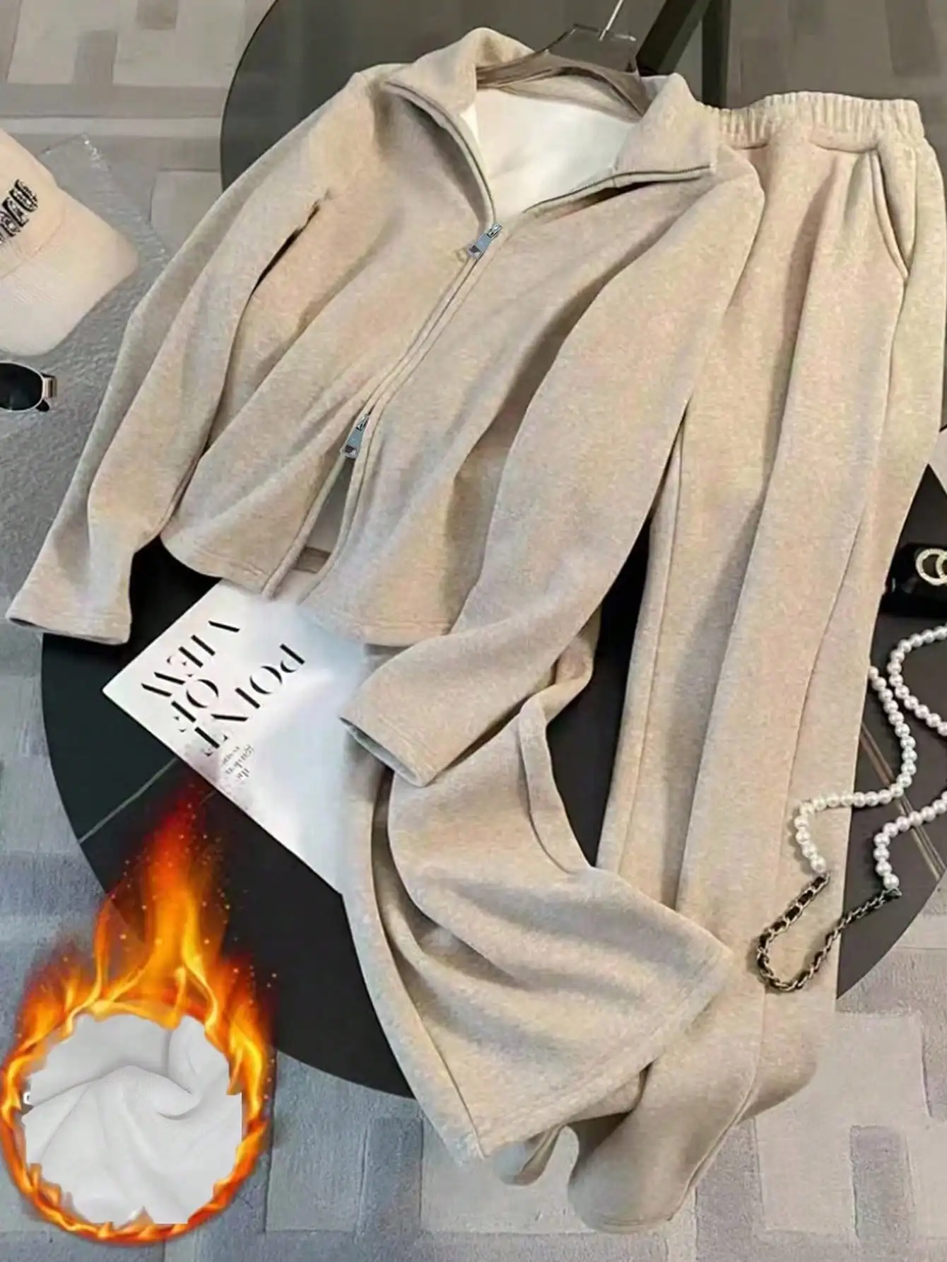 Women's Beige Fleece Zip-Up Top & Wide Leg Pants 2-Piece Set