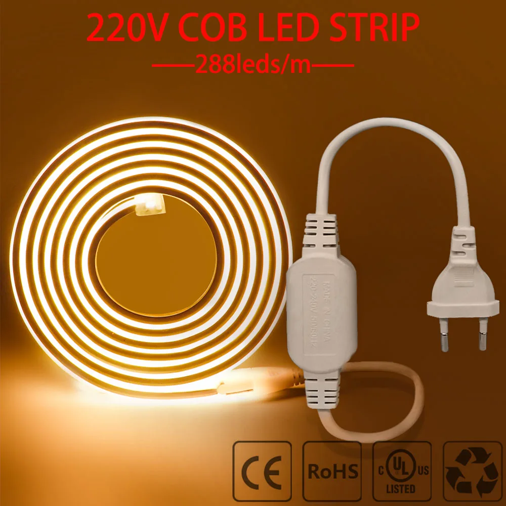 High Bright COB LED Strip 288leds/M Light EU Plug CRI RA90 Outdoor Garden FOB LED Tape For Bedroom Kitchen Lighting 220V