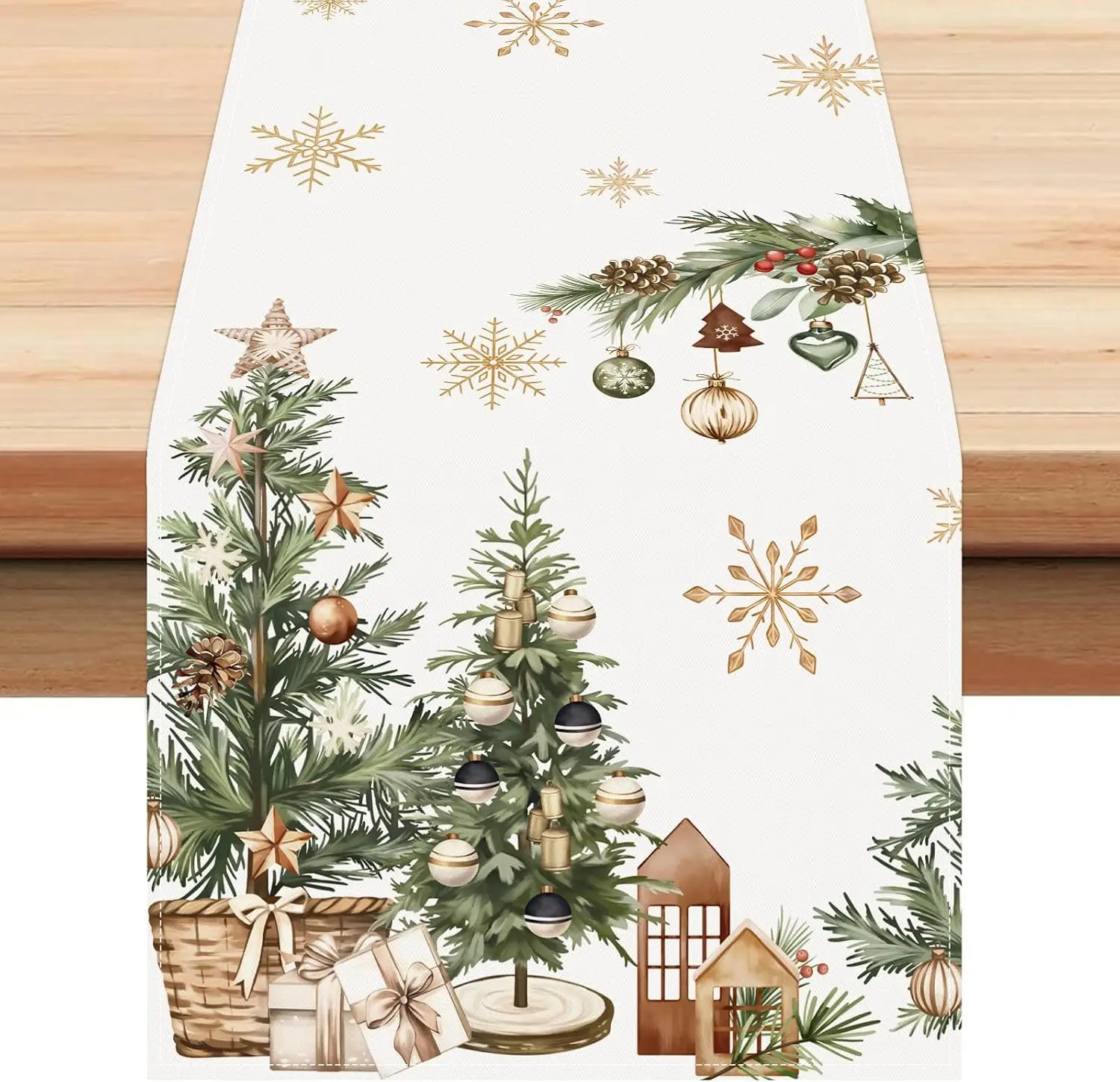 Christmas Snowflakes Xmas Trees Holly Table Runner Party Decor Winter Holiday Kitchen Dining Table Runner Christmas Decorations