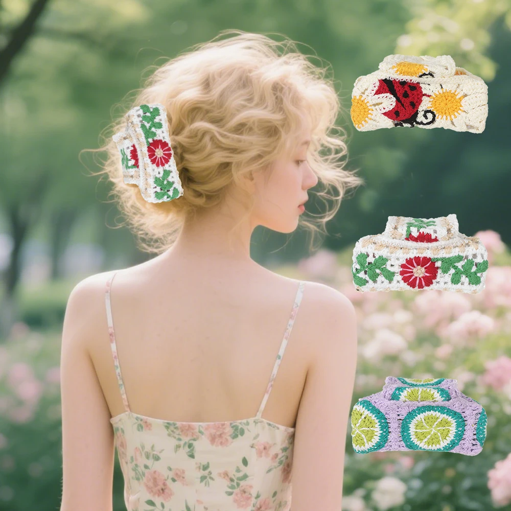 AWAYTR الكروشيه نمط النسيج الزهور مشبك شعر كليب الأزهار مشبك شعر مخلب التصفيق دبوس الشعر الفتيات النساء الكورية إكسسوارات الشعر