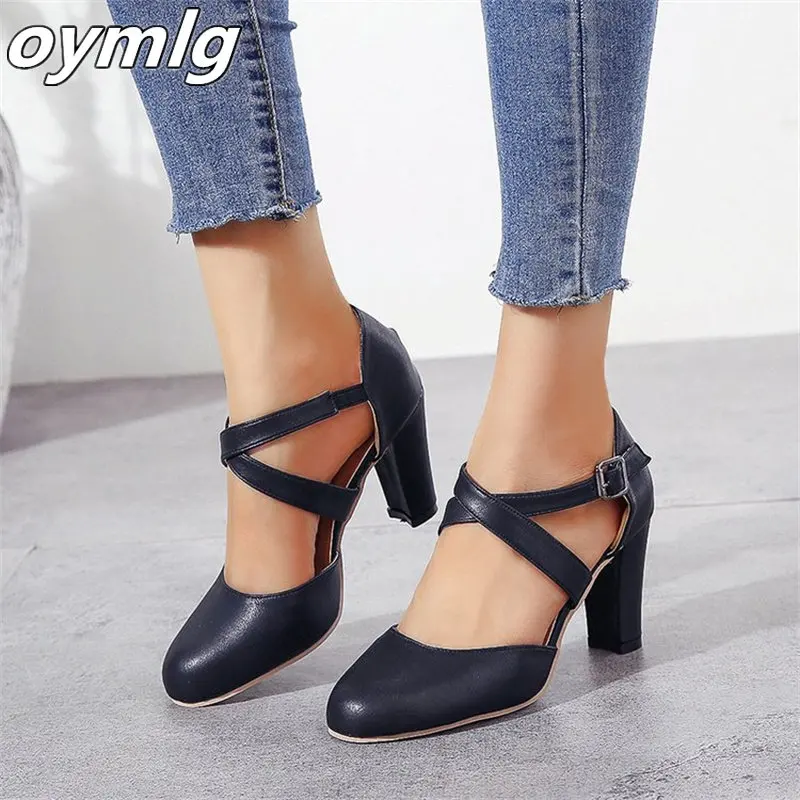 

Women's Cross Strap Chunky High Heels, Solid Color Round Toe D'Orsay Pumps, Buckle Strap Sandals