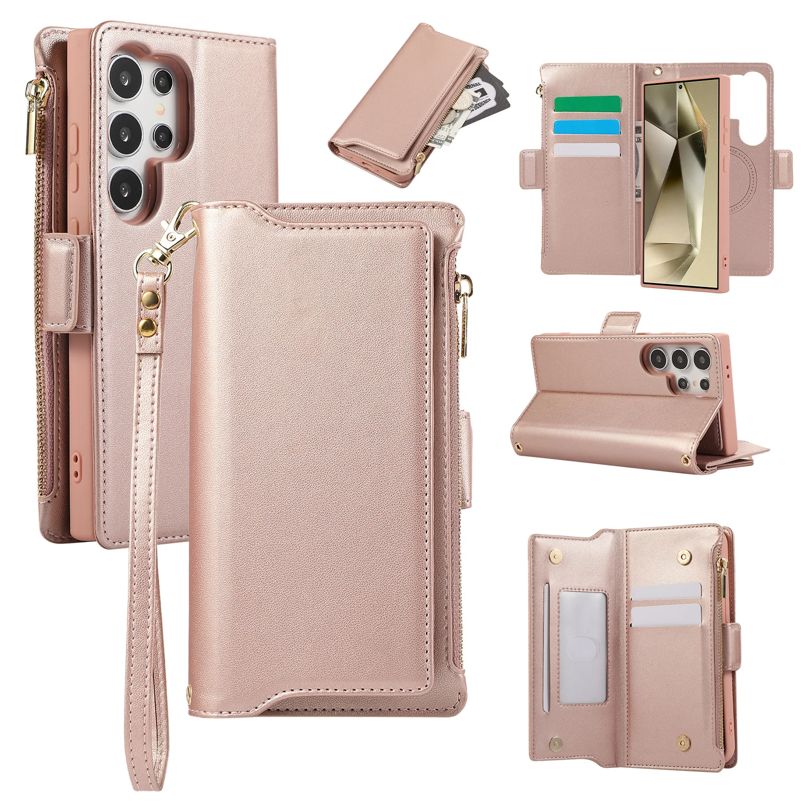 

Zipper Wallet Case For iPhone 16 Pro Max 15 Plus 14 13 12 11 Luxury Multifunction 6 Cards Leather Lanyard Shoulder Strap Cover
