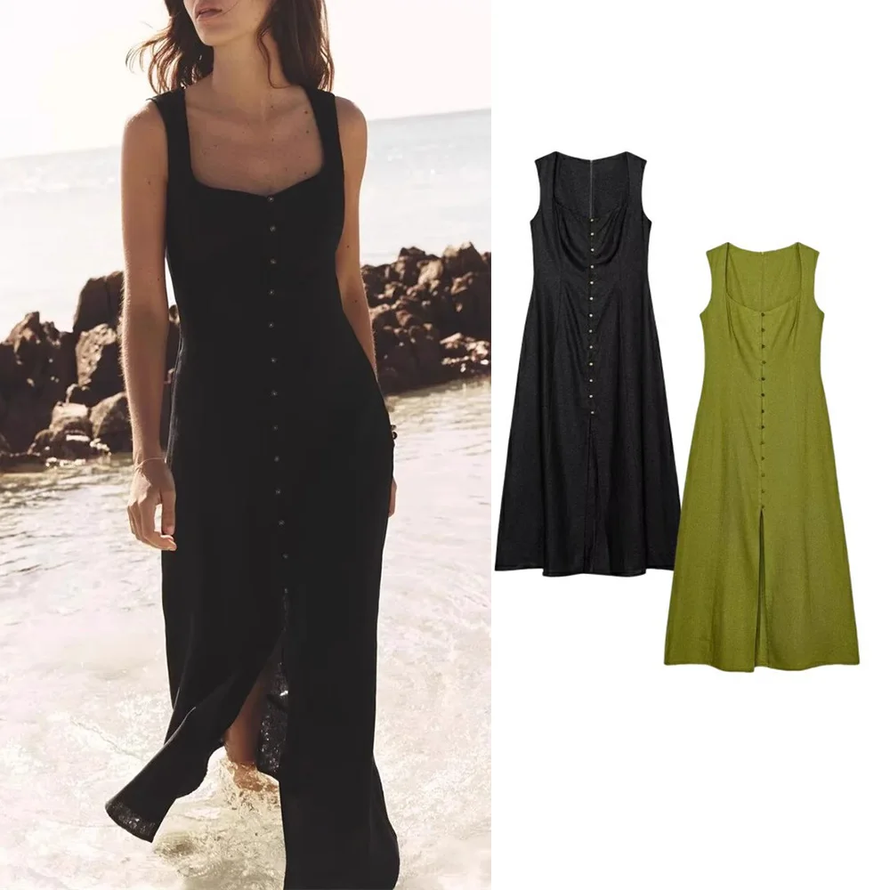 

MSNOLOA Women's A-line Long Dress Elegant Square Neck Sleeveless Wide Sling Maxi Dresses 2025 Summer Lady Commute Button Dresses