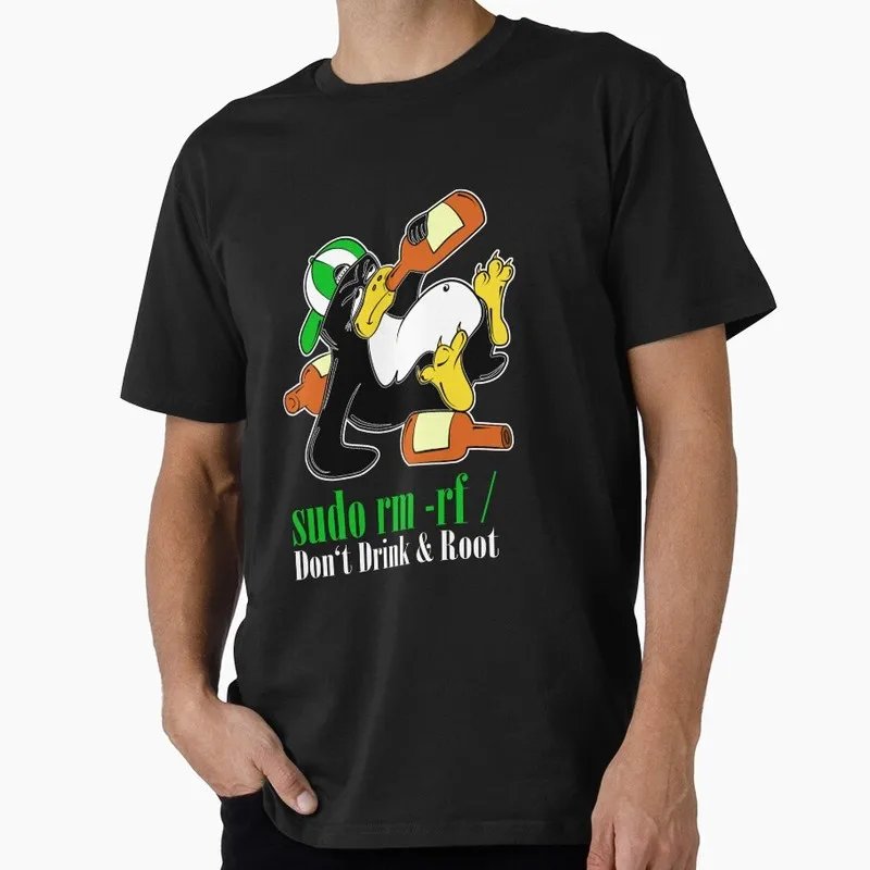 Linux Penguin Sudo Rm Rf I Don't Drink and Root Graphic T‑Shirt Casual Short Sleeve Tees Geek IT Developer Fan Gift Tops S-6XL
