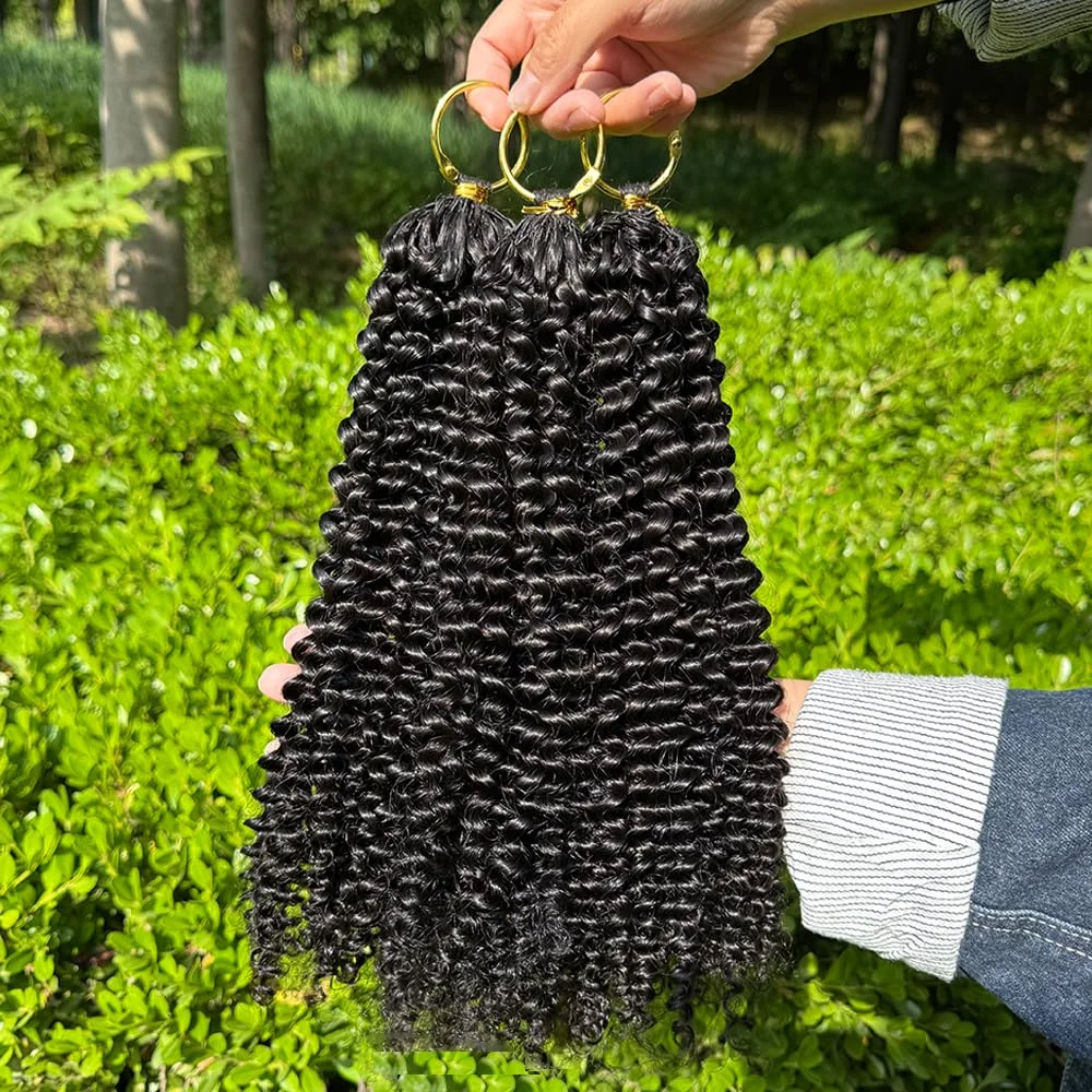 Extensions de cheveux humains au crochet, bouclés crépus, effet plume, avec nœuds invisibles, pré-séparés, légers, réutilisables, faits à la main, couleur noir naturel, pour tresses bohèmes