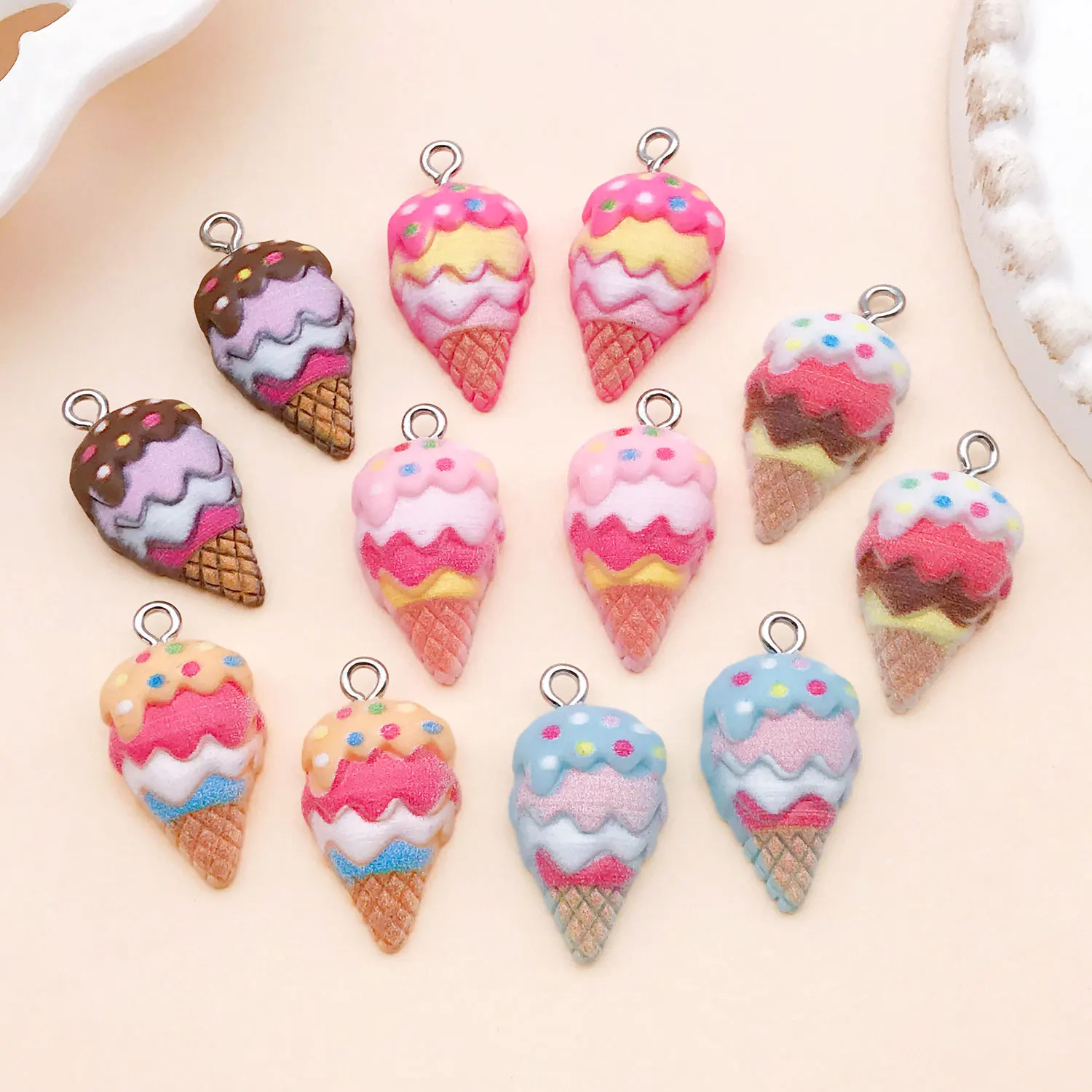 12pcs Resin Pendants Multi Layer Sprinkles Ice Cream Cone Charms With Pre Drilled Metal Loops For DIY Keychain Backpack Findings