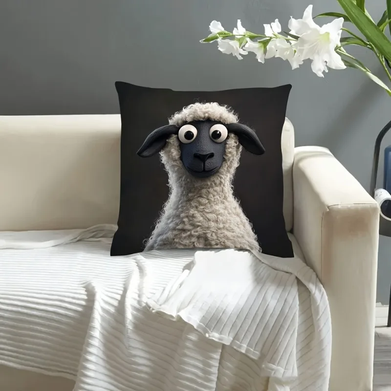 Funda de Almohada con Diseño de Oveja de Dibujos Animados, Funda de Cojín con Diseño de Animal Peludo en Blanco y Negro para Sala de Estar, Dormitorio, Decoración del Hogar, Regalo