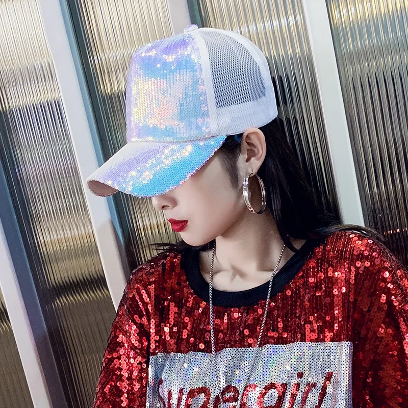 Baseball Cap Women Spring Summer Sunscreen Sunshade Hats For Women Sequin Mesh Cap Breathable Hip Hop Fashion White Black Bling