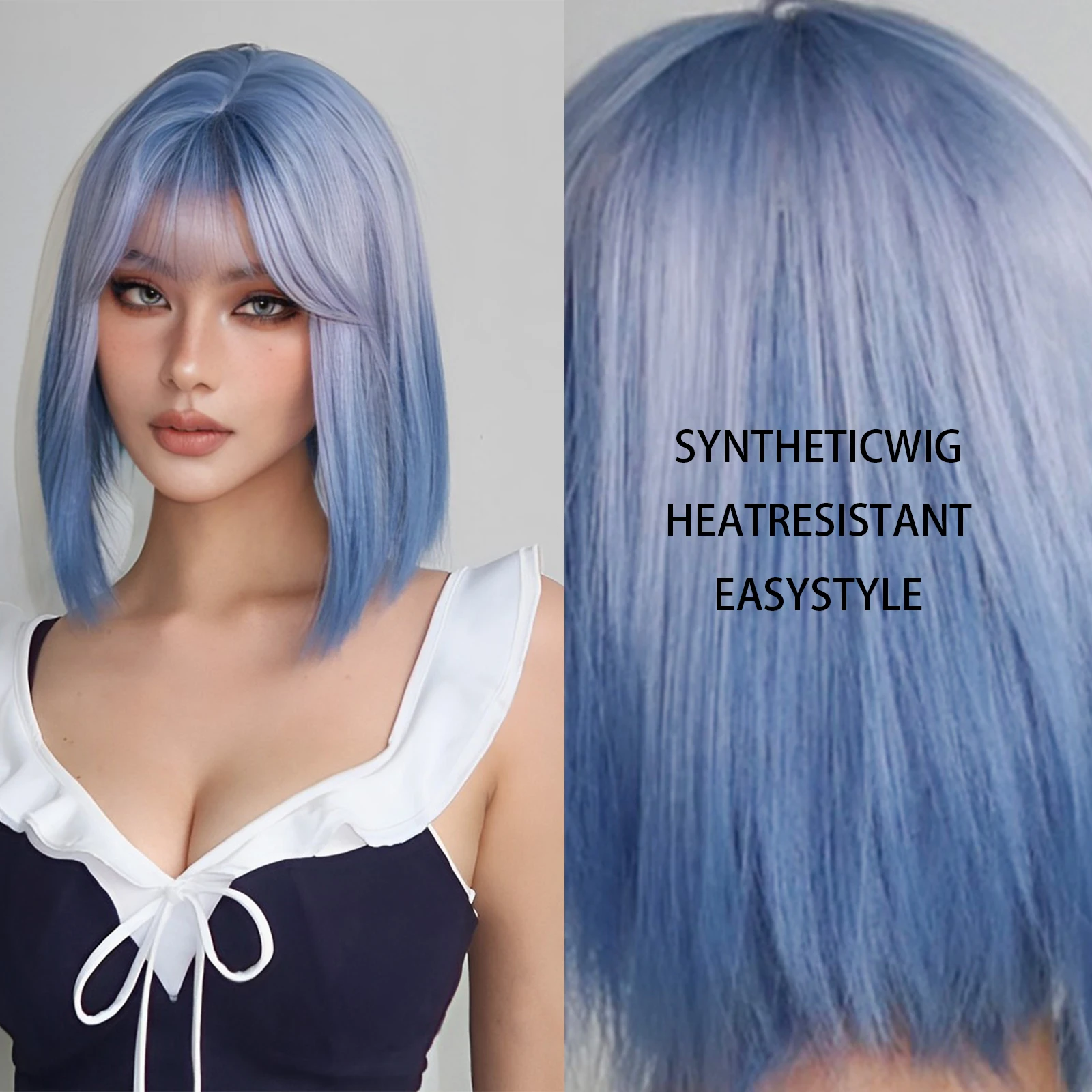 Blue Purple Ombre Cosplay Synthetic Wigs Short Bob Straight Lolita Halloween Hair Wig with Bangs for Women Afro Heat Resistant