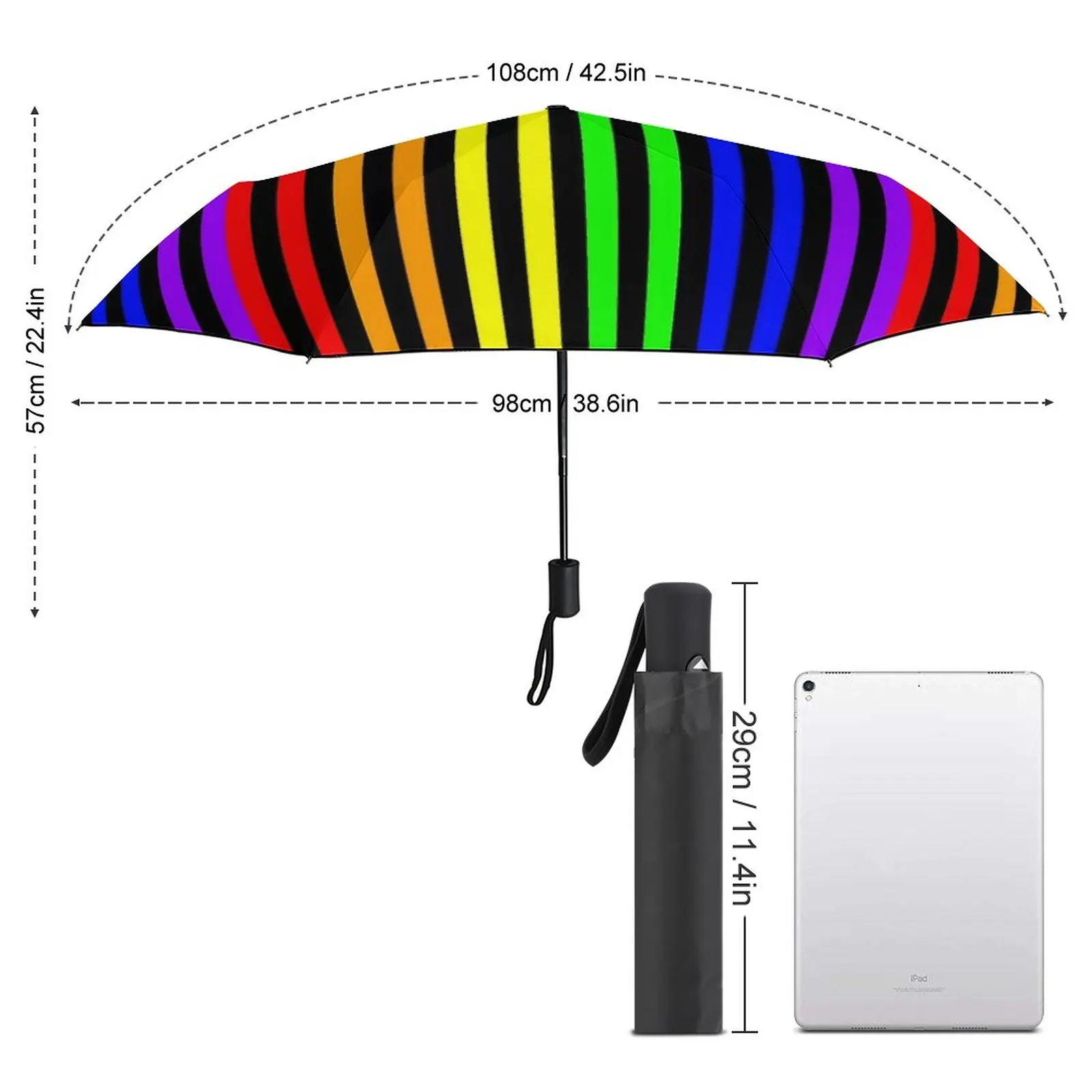 Rainbow Striped Umbrella Black Lines Print Automatic Wind Proof Umbrella Colorful Painting Trekking Reinforced Umbrella