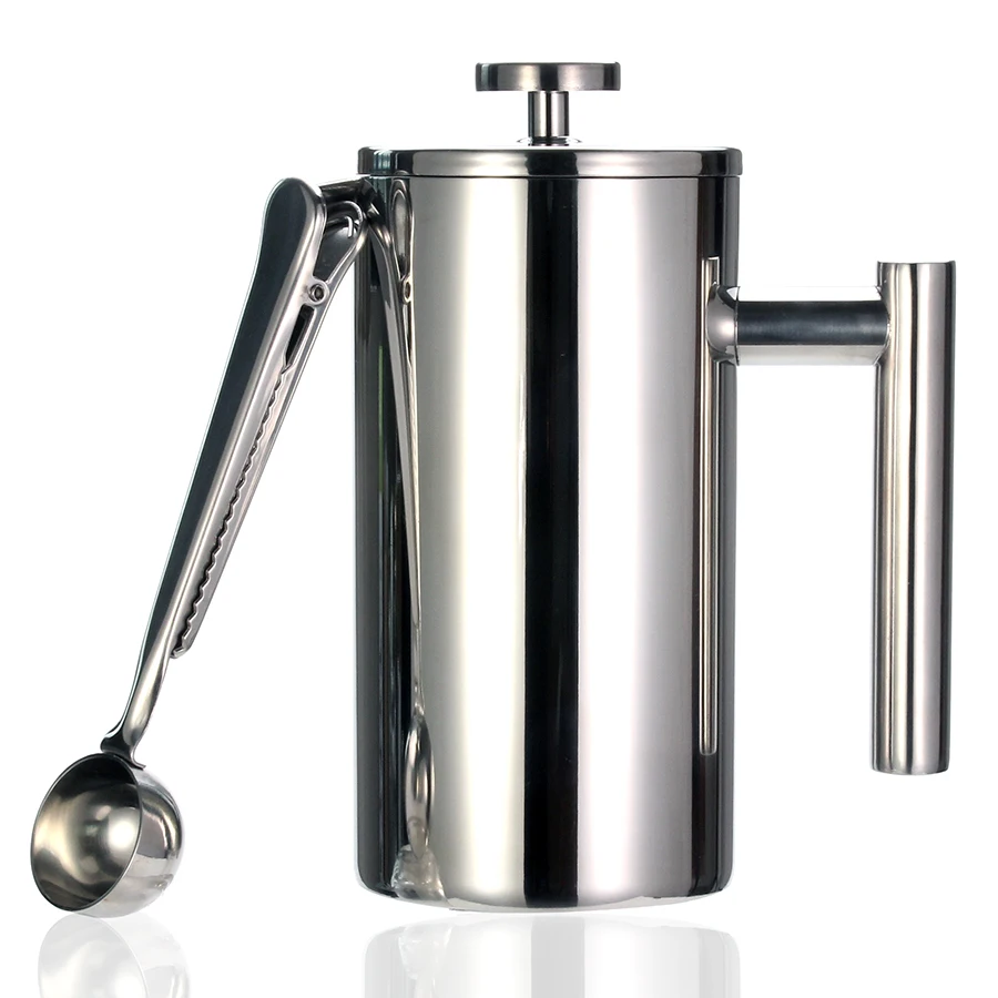 La mejor cafetera French Press - Acero inoxidable 304 de doble pared - Manténgase el café o el té caliente - Tamaño 3 con clip/cuchara de sellado