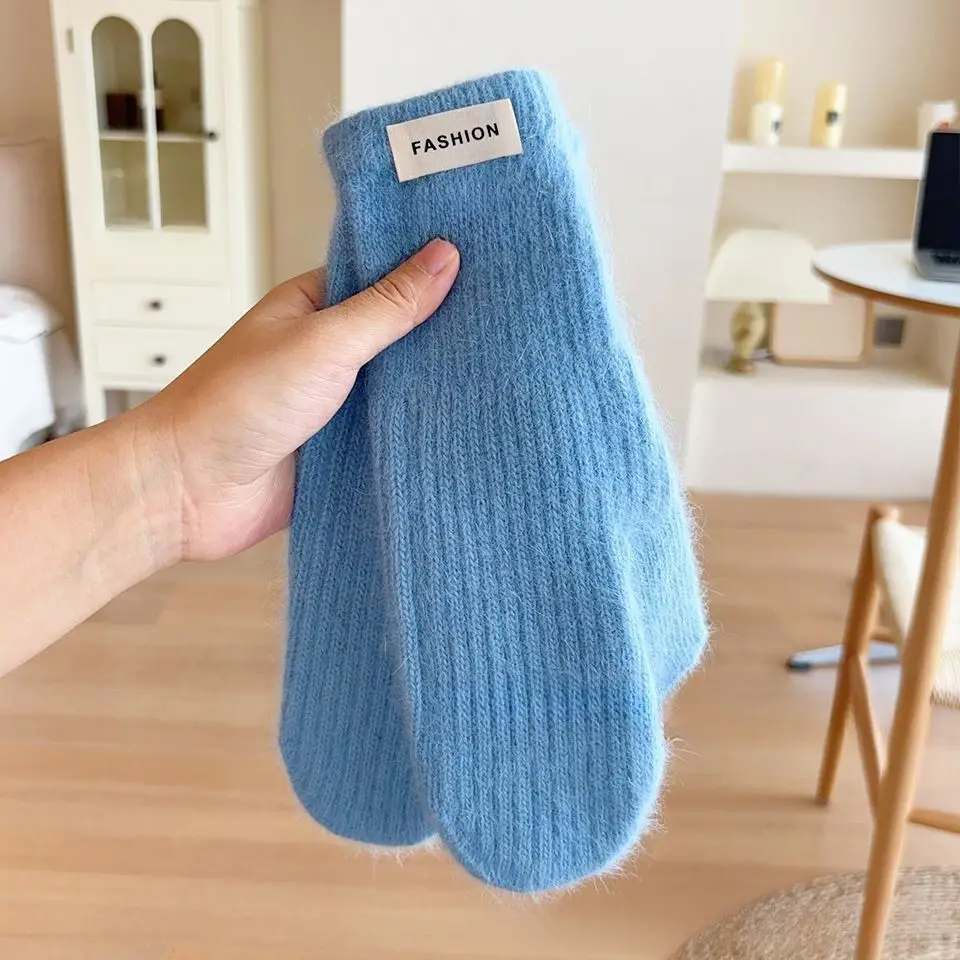 1pair Long Imitation Rabbit Hair Thickened Knitted Yarn Gloves Women Winter Keep Warm Cute Lovely Multicolor Elasticity Mittens