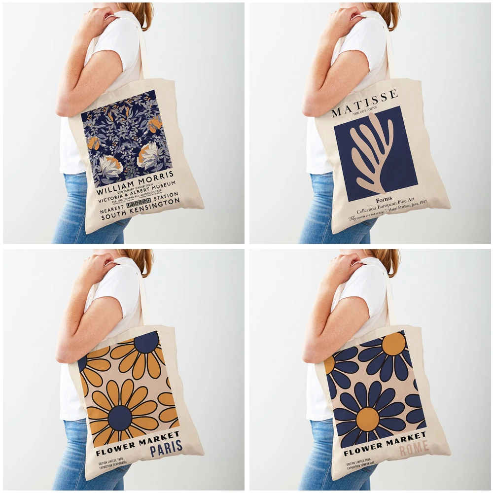 Double Print William Morris Flower Matisse Bauhaus Abstract Lady Tote Handbag Canvas Women Shopping Bags Supermarket Shopper Bag