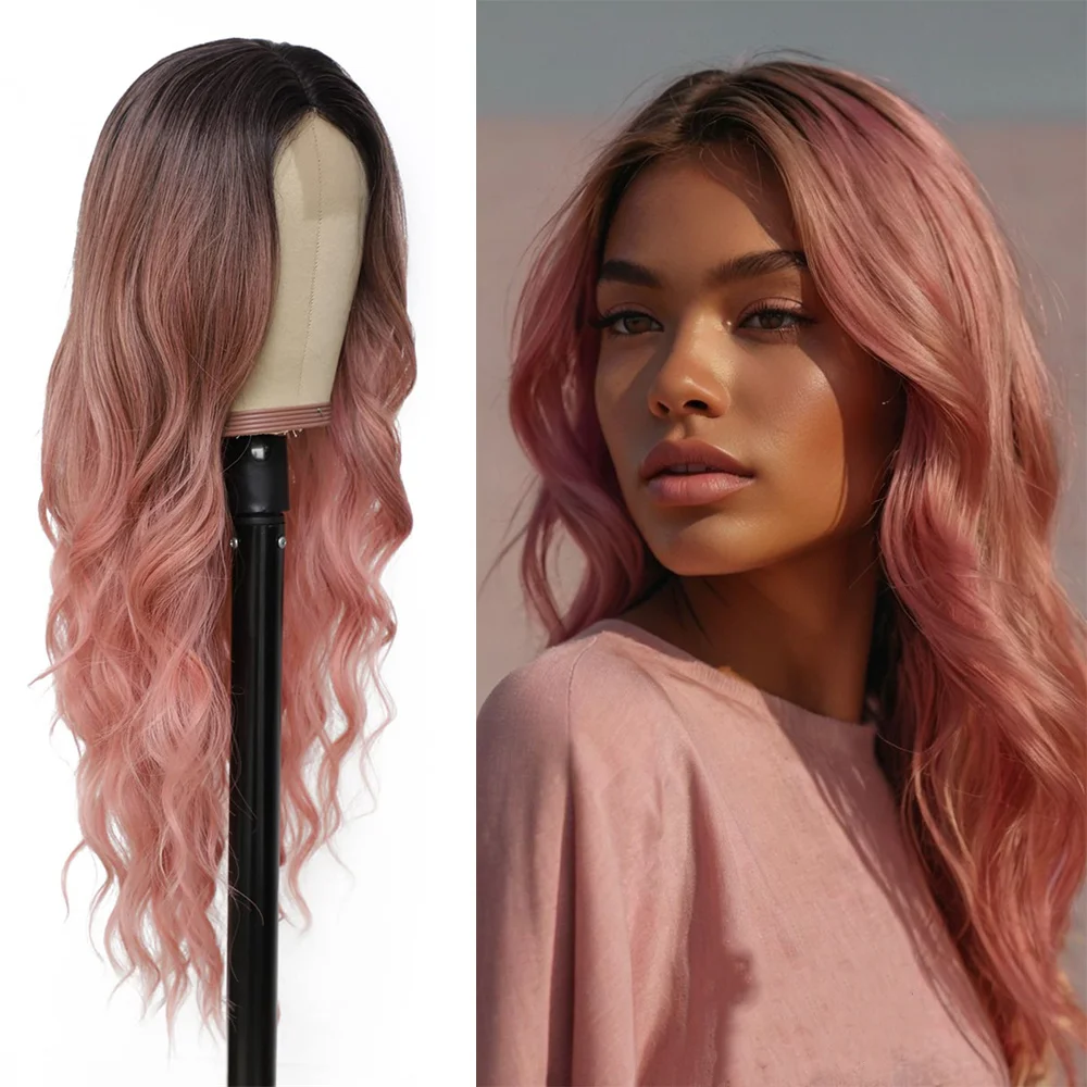 Ombre Pink Wavy Middle Part Wig For Women, 26 Inch, Synthetic Fiber Wig For Daily Party Use, Halloween Christmas Festival