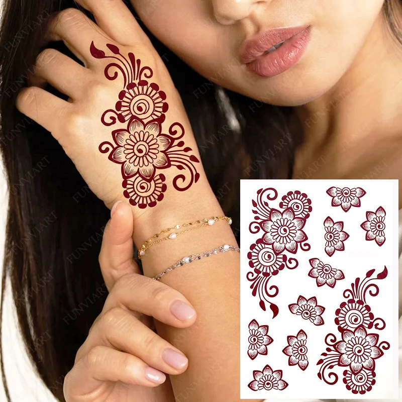 Brown Henna Tattoos for Women Waterproof Temporary Tattoo Stickers  for Hand Flower Fake Tattoo for Wedding Festival Body Art