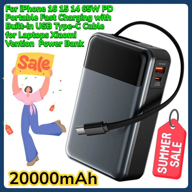 

For iPhone 16 15 14 65W PD Portable Fast Charging with Built-in USB Type-C Cable for Laptops XiaomiVention 20000mAh Power Bank