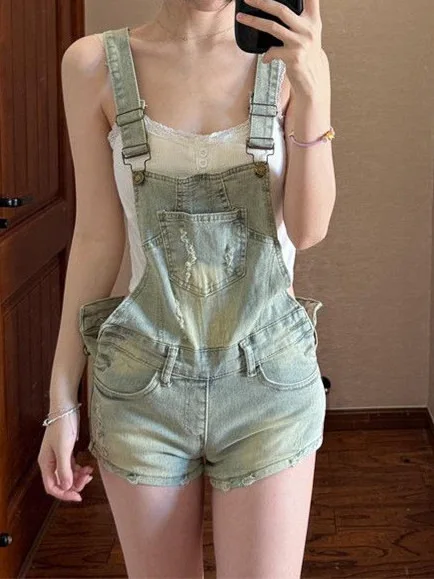 Retro Washed American High Street Denim Overalls Short Pants Low Waist Bodycon Shorts Women Sexy Slimming Shorts