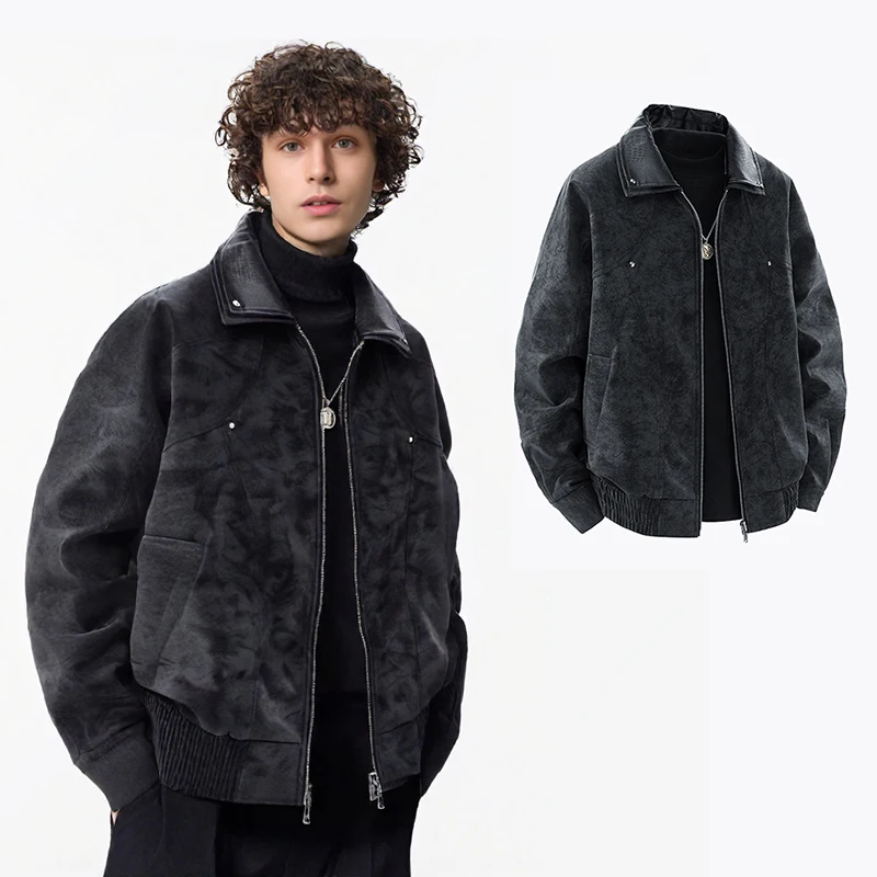 2025 primavera y otoño tendencia de moda abrigo Casual para hombres chaqueta Bomber con cuello suelto chaquetas de motociclista de cuero al aire libre ropa