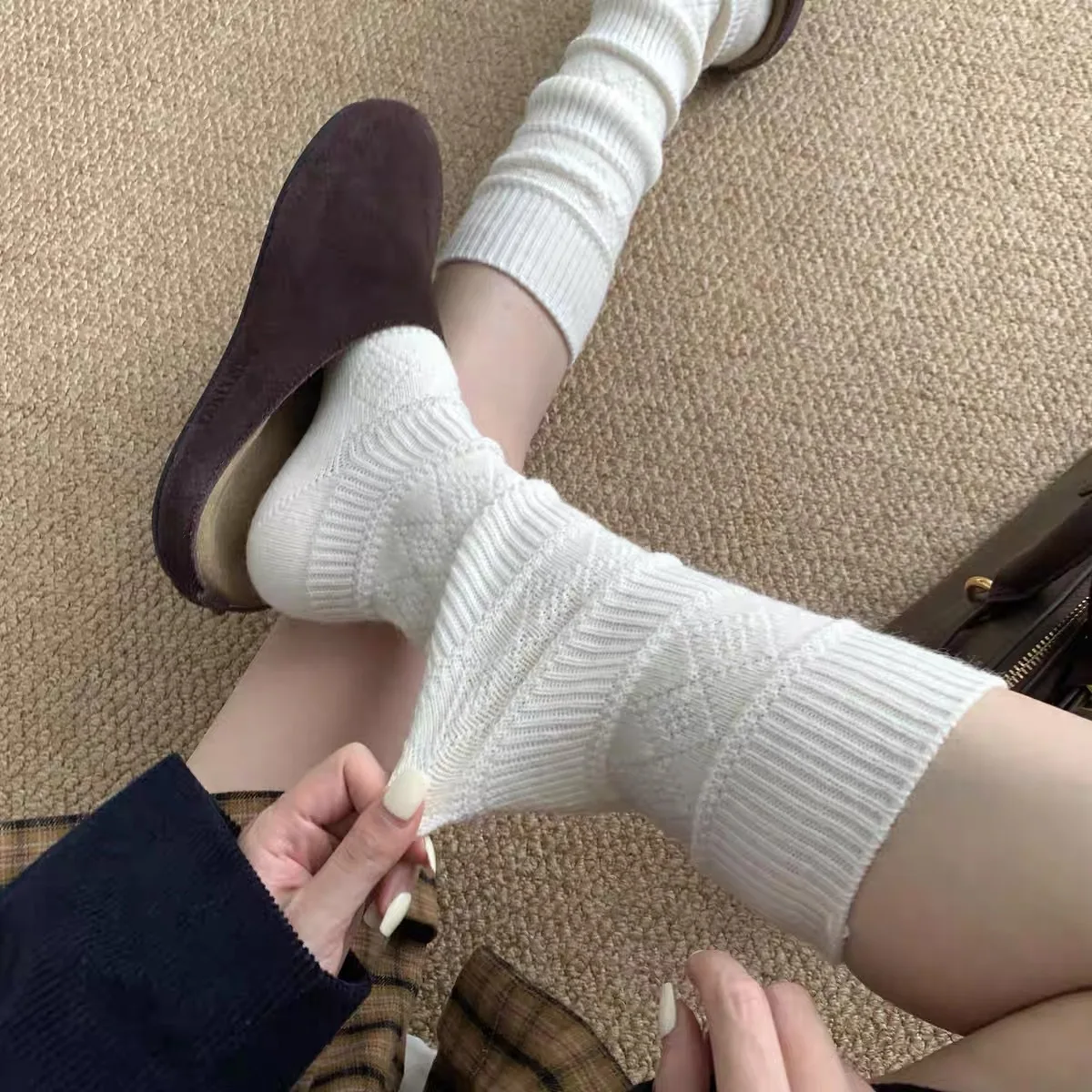 1 Pair Women Knitted Stacked Calf Socks Fashionable Stripes Vintage Style Soft Comfortable All Season Casual Long Boots Socks