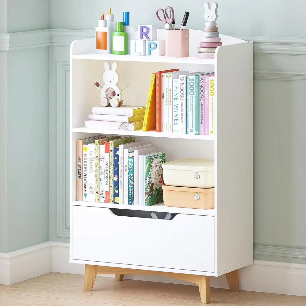 White Wooden Children's Bookshelf with Storage for Playroom and Nursery School