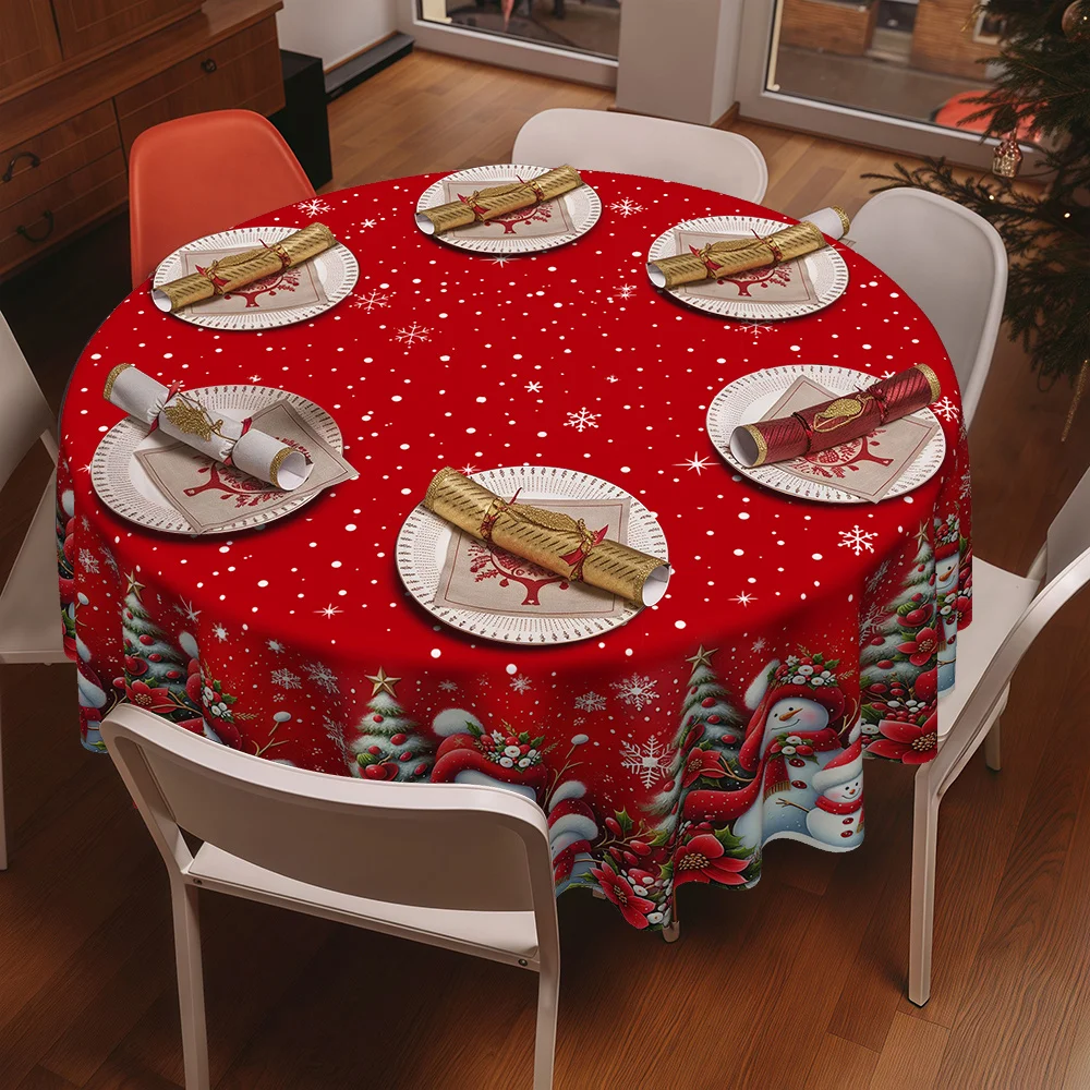 Christmas cute snowman snowflake print kitchen dining room round tablecloth, twill polyester materia