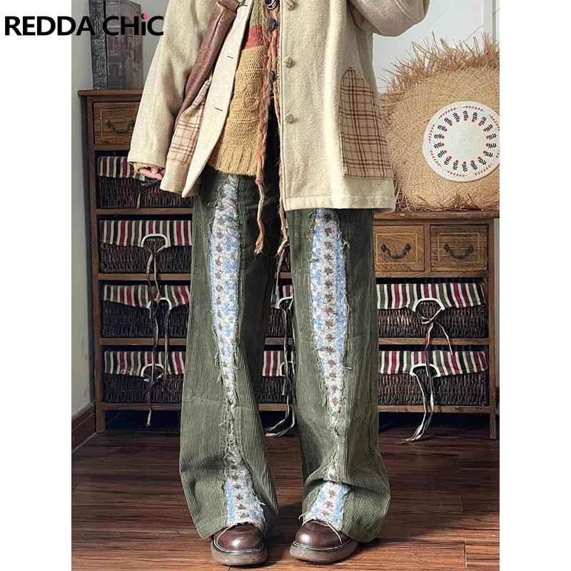 REDDACHiC Boho Crocheted Corduroy Pants Women Fall Winter Knit Stitch Raw Edge Wide Leg Long Trousers Holiday Vintage Clothes