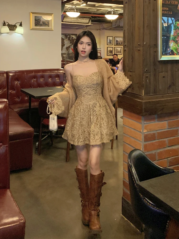 

Sexy Hollow out Strap Dress for plus Size Women Autumn High Waist A-Line Skirt Casual Style Long Sleeve Suit
