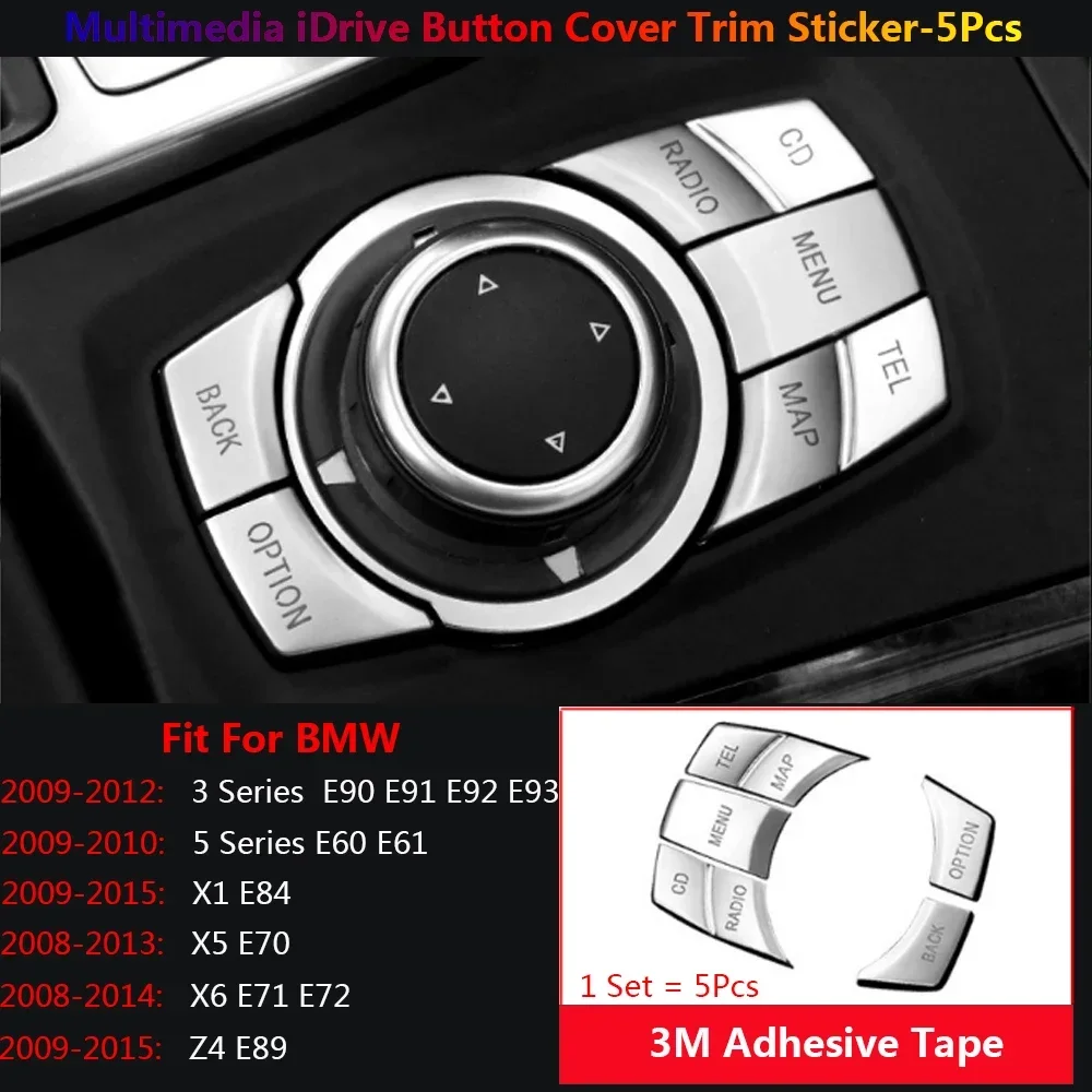 5x Chrome Car Multimedia Button Cover Trim For BMW 3 5 X1 X5 X6 Z4 E60 E61 E90 E70 E71 E72 E84 E89 Auto Para Accessoire Voiture