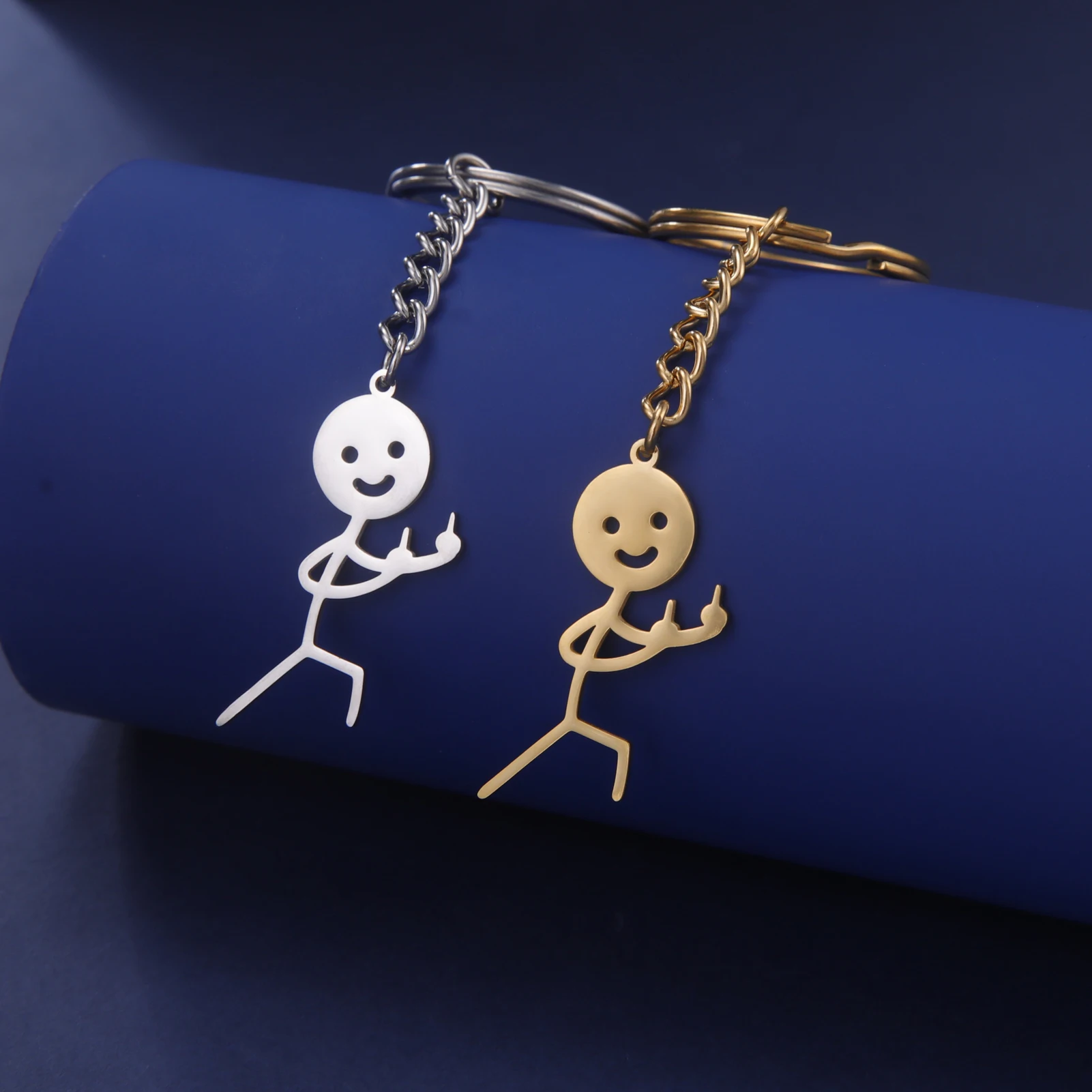Funny Middle Finger Stickman Keychain School Bag Car Key Ring Trinket Gift For Men Woman Kid Child Stainless Steel Metal Jewelry