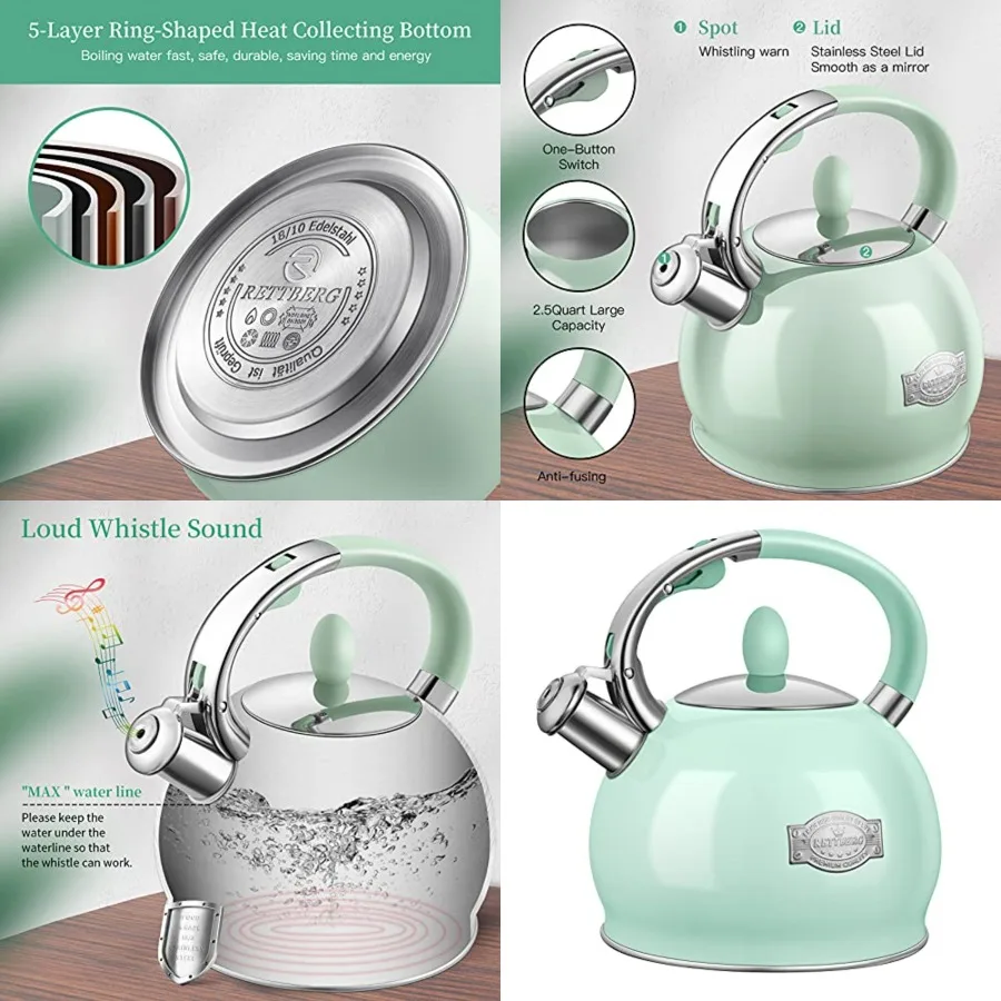 

Tea Kettles Stovetop, 2.64 Quart Induction Whistling Tea Kettles Food Grade Stainless Steel Teapots with Cool Touch Handle