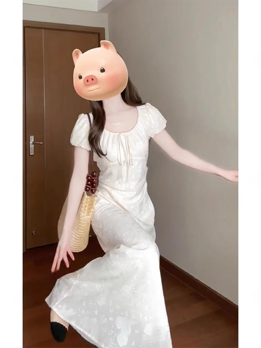 

Summer High Waist Bubble Sleeve Slimming Dress Women's Commute Style Korean Fashion Tie Waist A-Line Skirt Long Dress