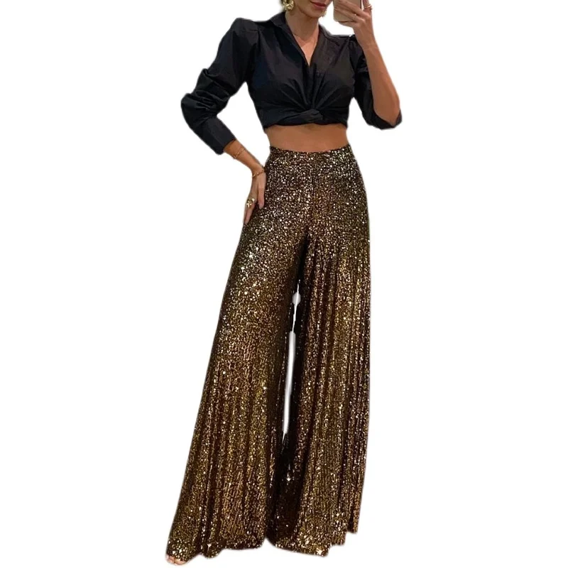 Pantaloni casual da donna con paillettes a vita alta e gamba larga Faionable Pantaloni lunghi asimmetrici in poliestere da strada