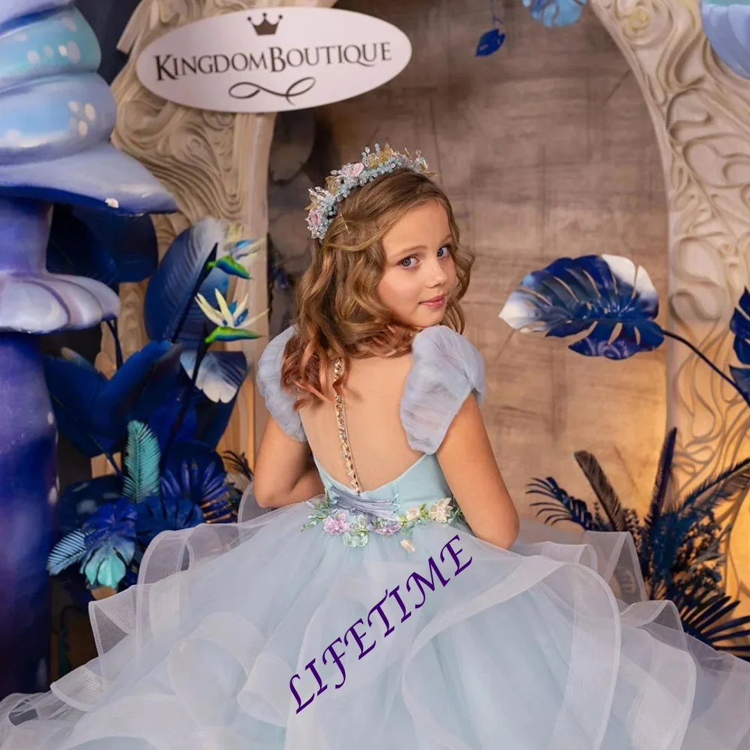 Robe à fleurs pour filles, personnalisée, bleu ciel, superposée, en Tulle, bouffante, pour mariage, fête d'anniversaire pour enfants, robes de bal de première Communion