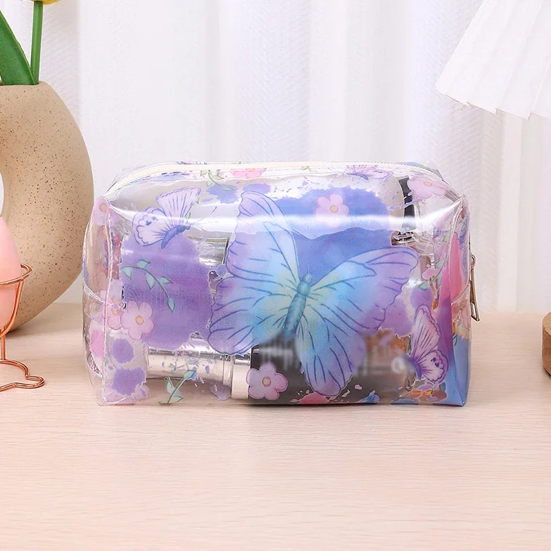 Kawaii Cute Transparent Cosmetic Bag Large Capacity Pencil Case Fruit Heart Butterfly Print Clear Makeup Storage Bag For Women