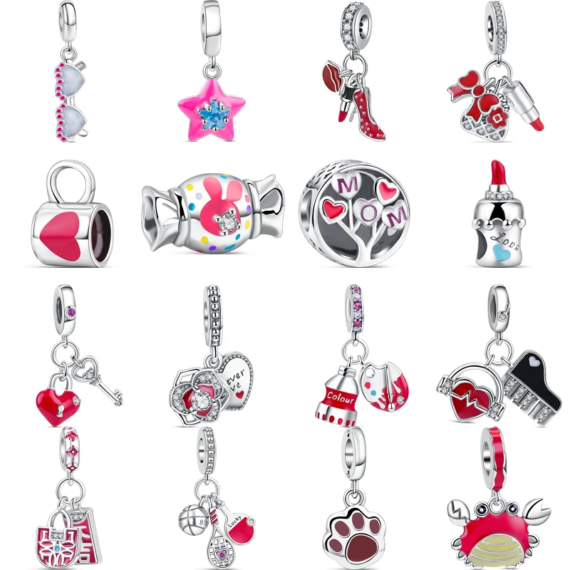 925 Solid Silver Red Heart Lipstick High Heels Mom Lock Key Love Original Charm Bead Fit Pandora Charms 925 Bracelet DIY Jewelry