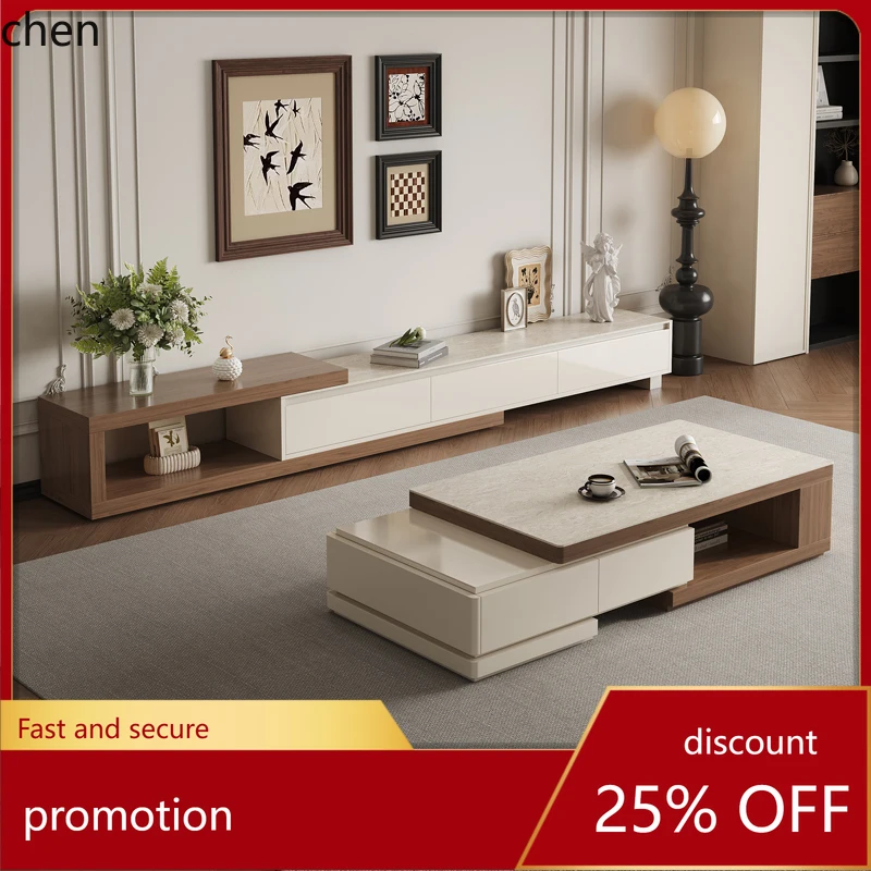HT Vintage Style Rock Slab Coffee Table Living Room Modern Simple Extendable Coffee Table TV Cabinet Cream High-Grade Solid Wood