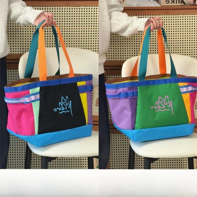 Dopamine Large Capacity Fashion Color Block Handbag Women's Commuter Travel Bag Tote Bag Student Backpack Style Oxford Cloth