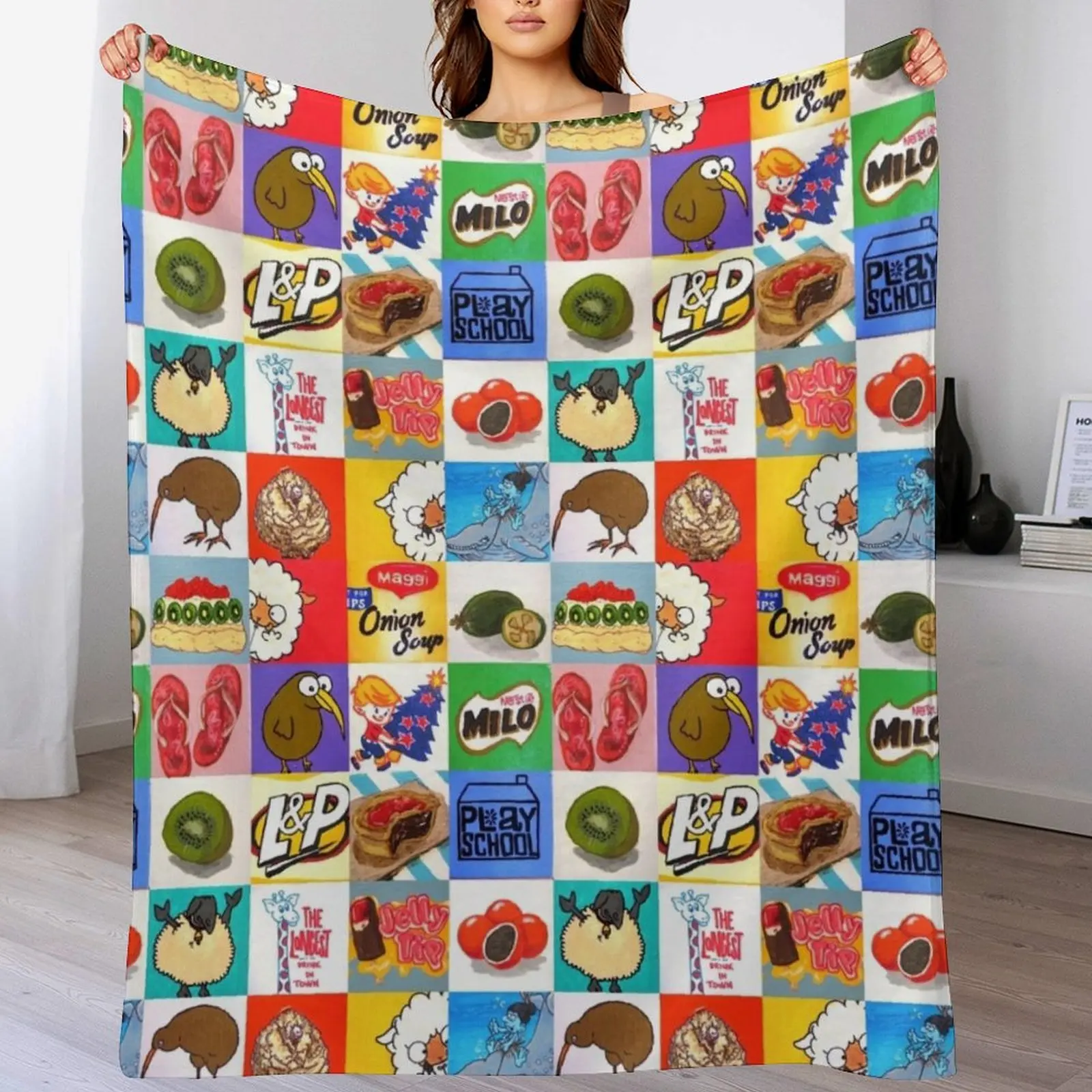 

Kiwiana food and drink icons collage Throw Blanket cosplay anime Travel Blankets