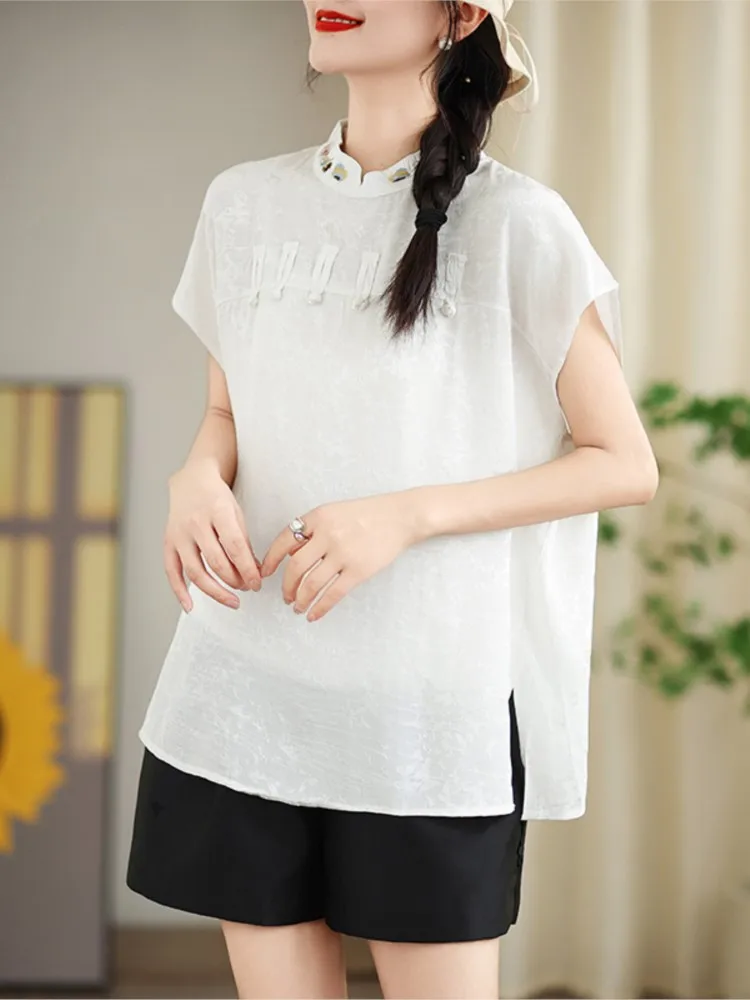 Oversized Summer Pullover Chinese Style Tops Women Print Embroidery Fashion Ladies Blouses Loose Casual Short Sleeve Woman Tops