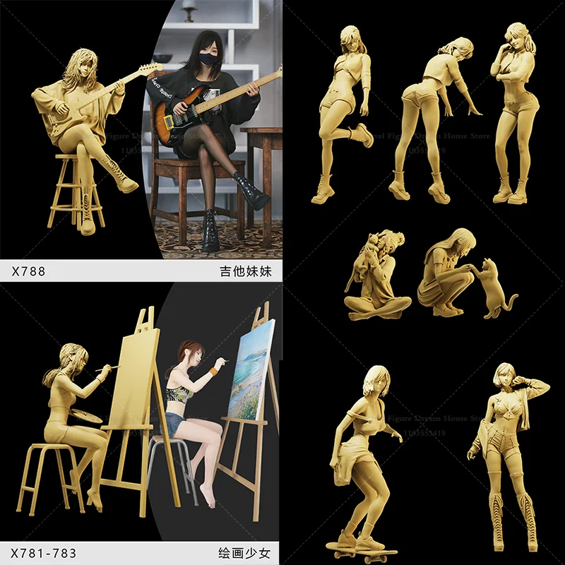 

1/64 1/43 1/35 Scale Miniature Scene Dolls Un-panited White Figure Mini Model ‌Guitarist Young Female Skater‌ Painting Artist