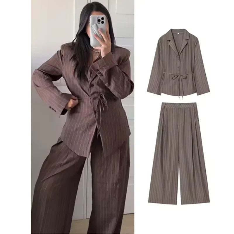 

Autumn Women Lace Up Blazer Sets Elegant Office Fall Spring Striped Shoulder Pad Jacket Wide Leg Pants 2 Pieces Suit Fashion