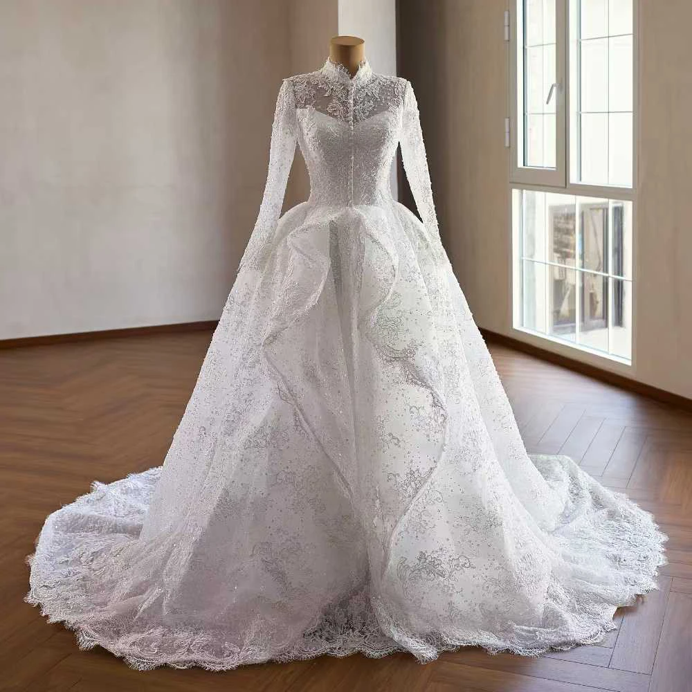 

Elegant Lace Bridal Dress Long Sleeves High Neck Button Back A-Line Wedding Gown for Women