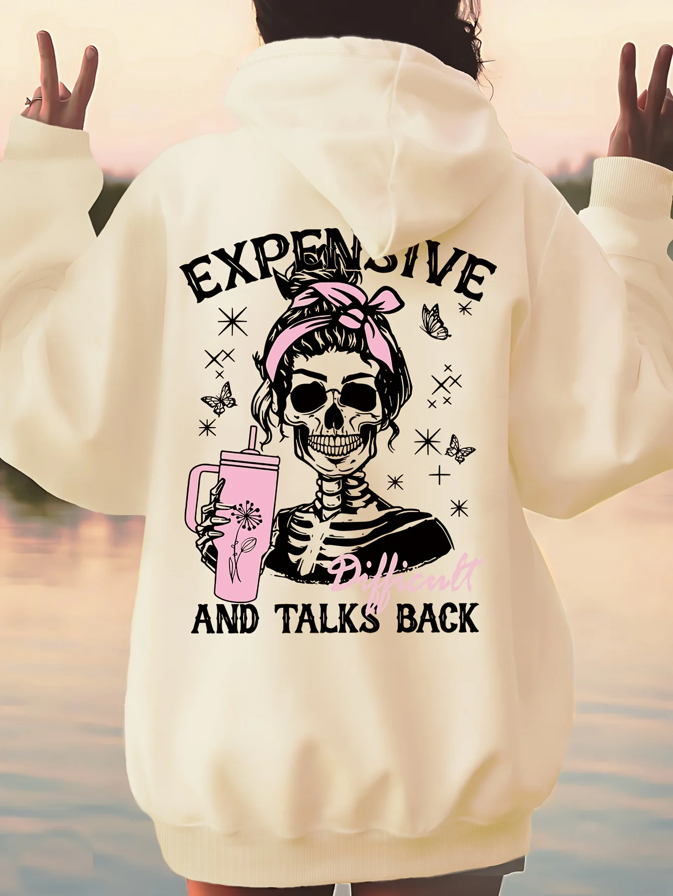 Damen-Hoodie „Expensive And Talks Back“ im Hip-Hop-Stil, sportlich, lässig, Streetwear, Pullover mit Skelett-Print, Sweatshirt-Oberteile – Detail 3
