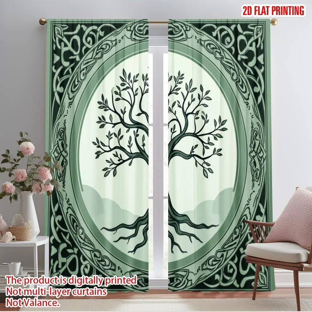 2pcs,2D plane printing Popular Curtains Celtic Tree Circle Polyester Easy Install (without rod) Festive for Kitchen, Bedroom &