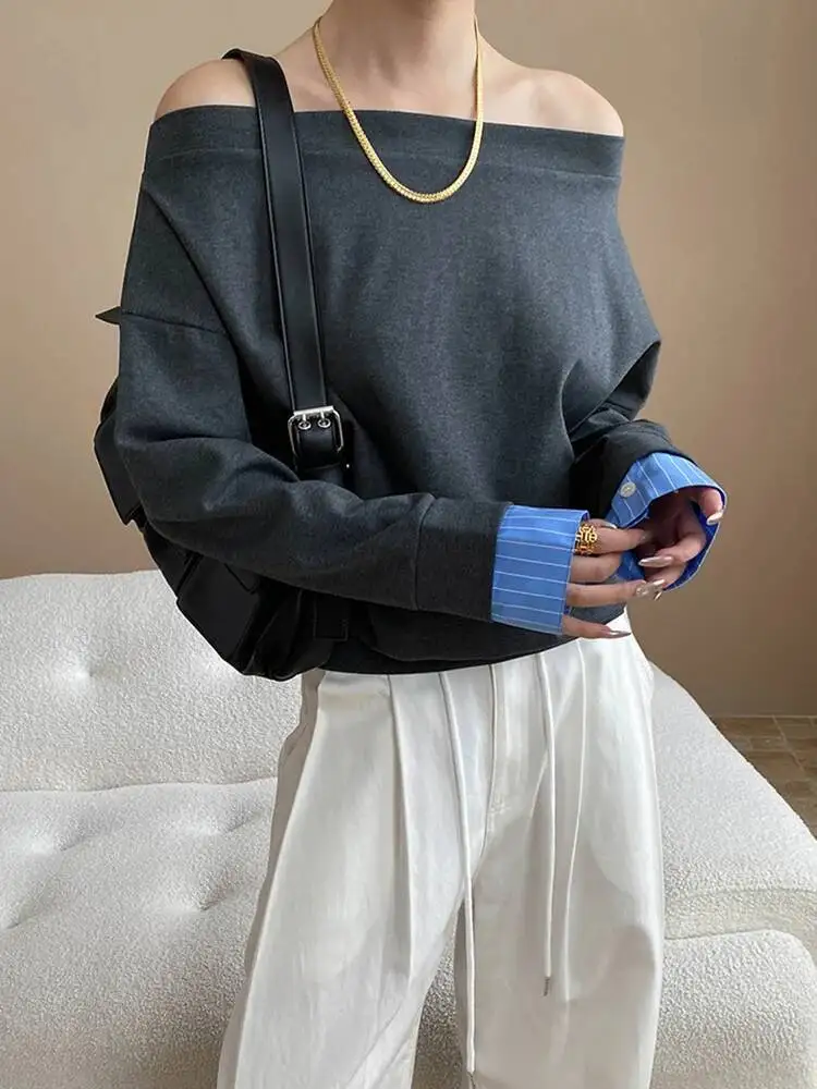 

Women Dark Gray Blue Color-block Big Size T-shirt New Slash Neck Long Sleeve Fashion Tide Spring Autumn