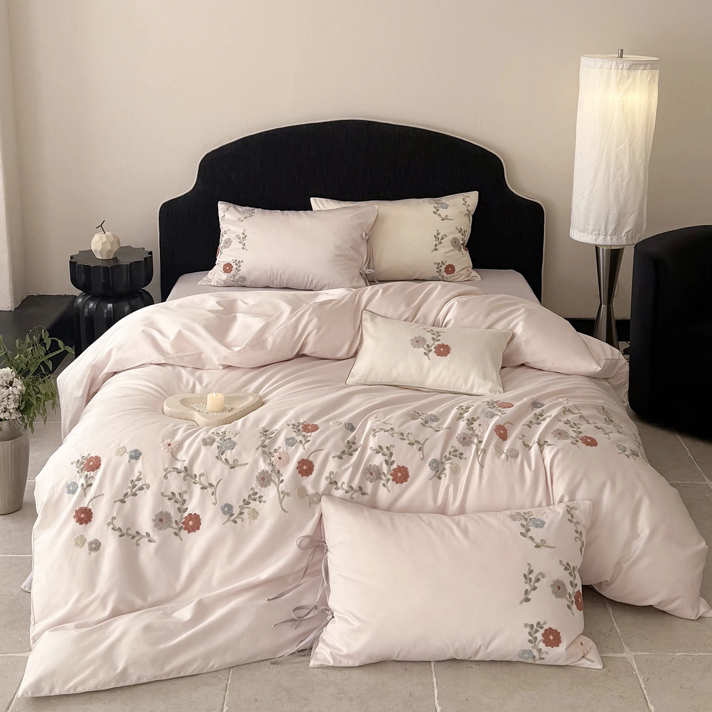 Chic Flowers Towel Embroidery Bedding Set 100% Cotton Single Queen King Size Duvet Cover Flat/Fitted Bed Sheet Pillowcases 3/4Pc