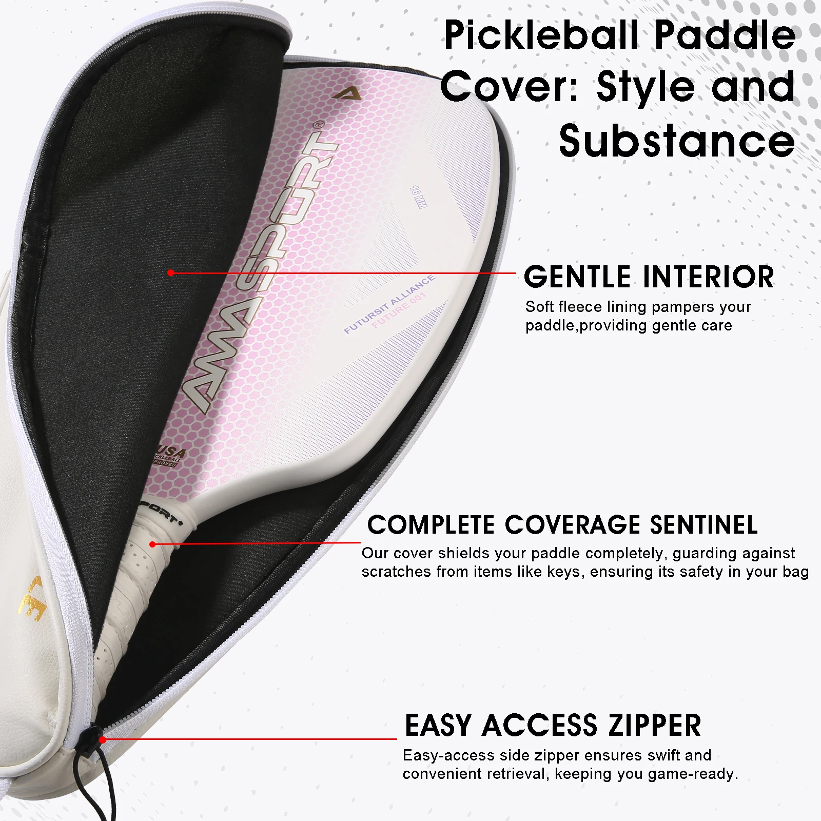 AMA Sport Durable Pickleball Paddle Case for All Shapes and Sizes of Racket Waterproof PU Leather Pickleball Paddle Cover-White